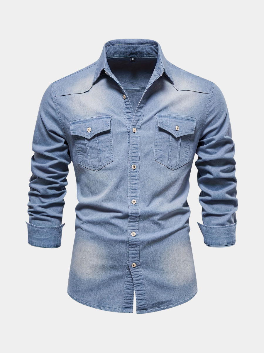 Men's light blue long sleeve denim shirt with a lapel collar