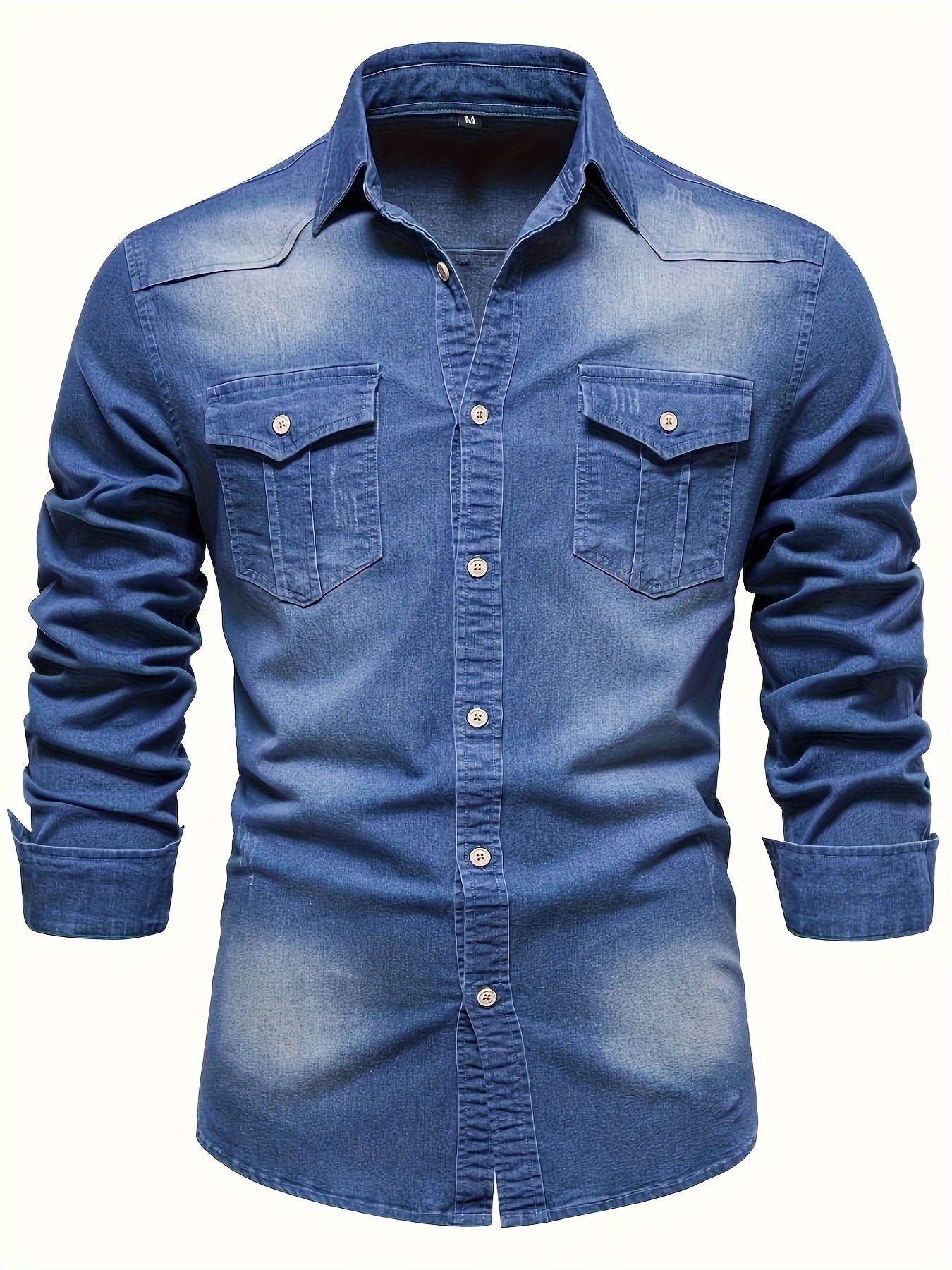 Men's light blue long sleeve denim shirt with a lapel collar