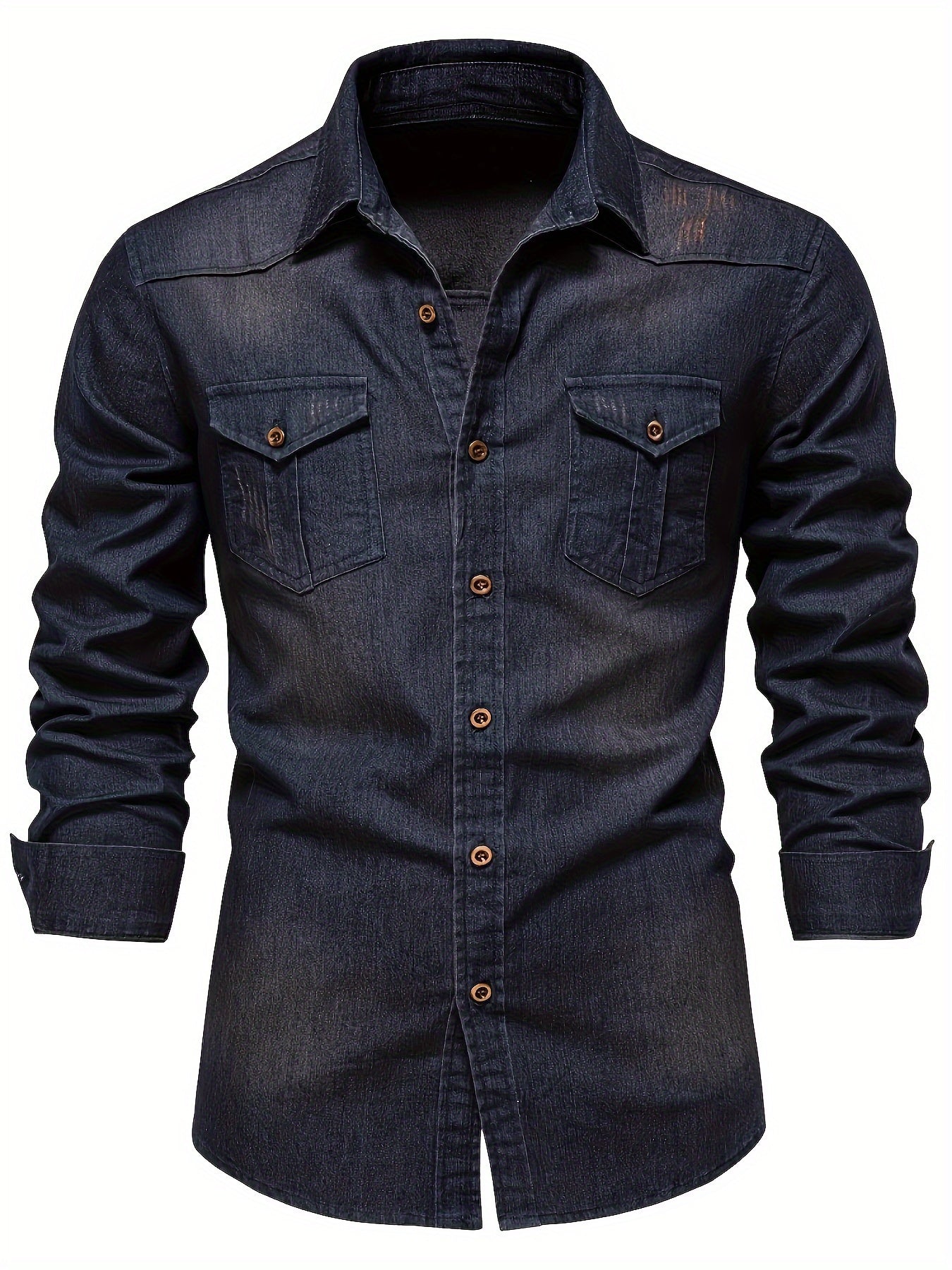Men's light blue long sleeve denim shirt with a lapel collar