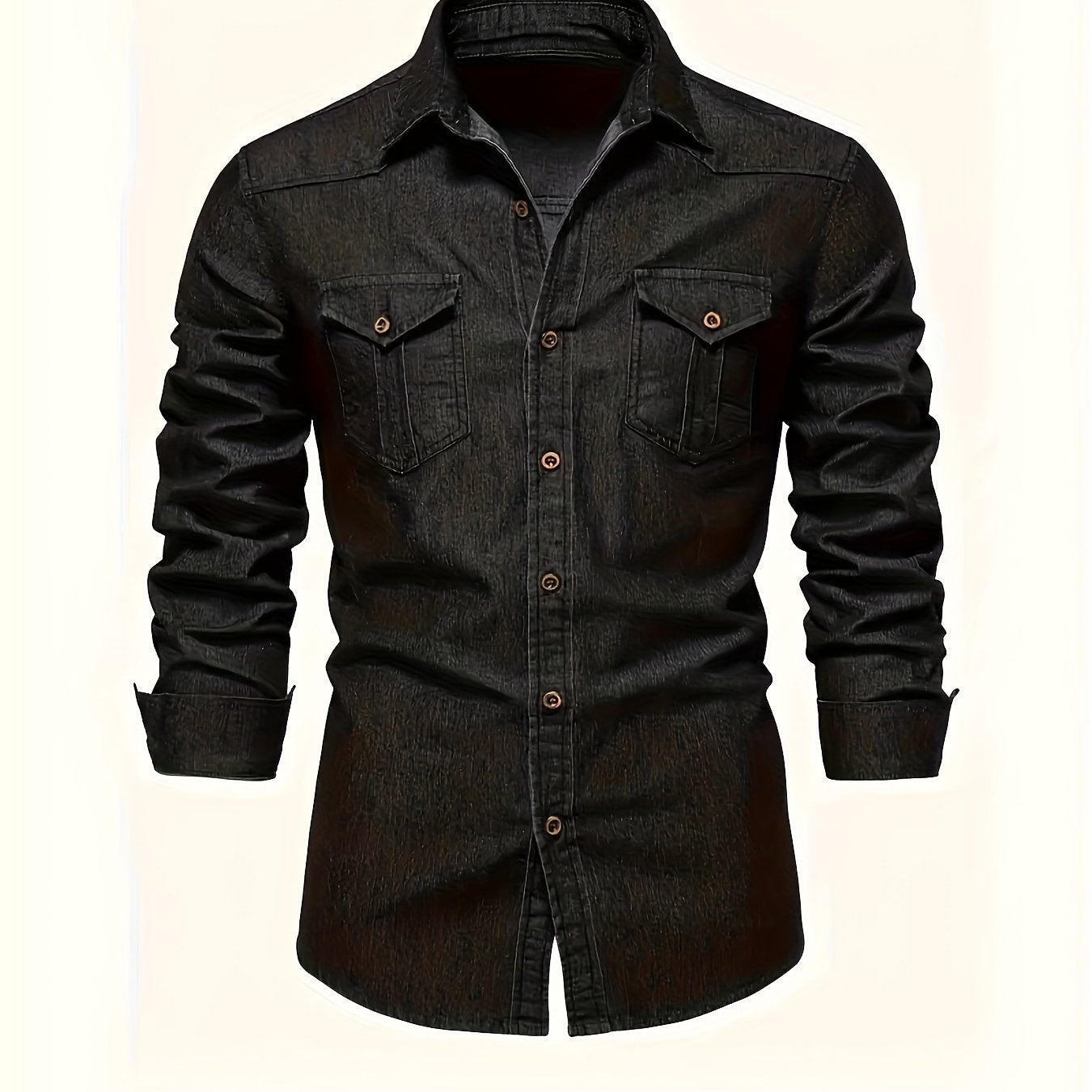 Men's light blue long sleeve denim shirt with a lapel collar