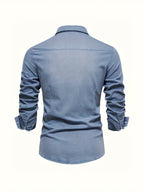 Men's light blue long sleeve denim shirt with a lapel collar
