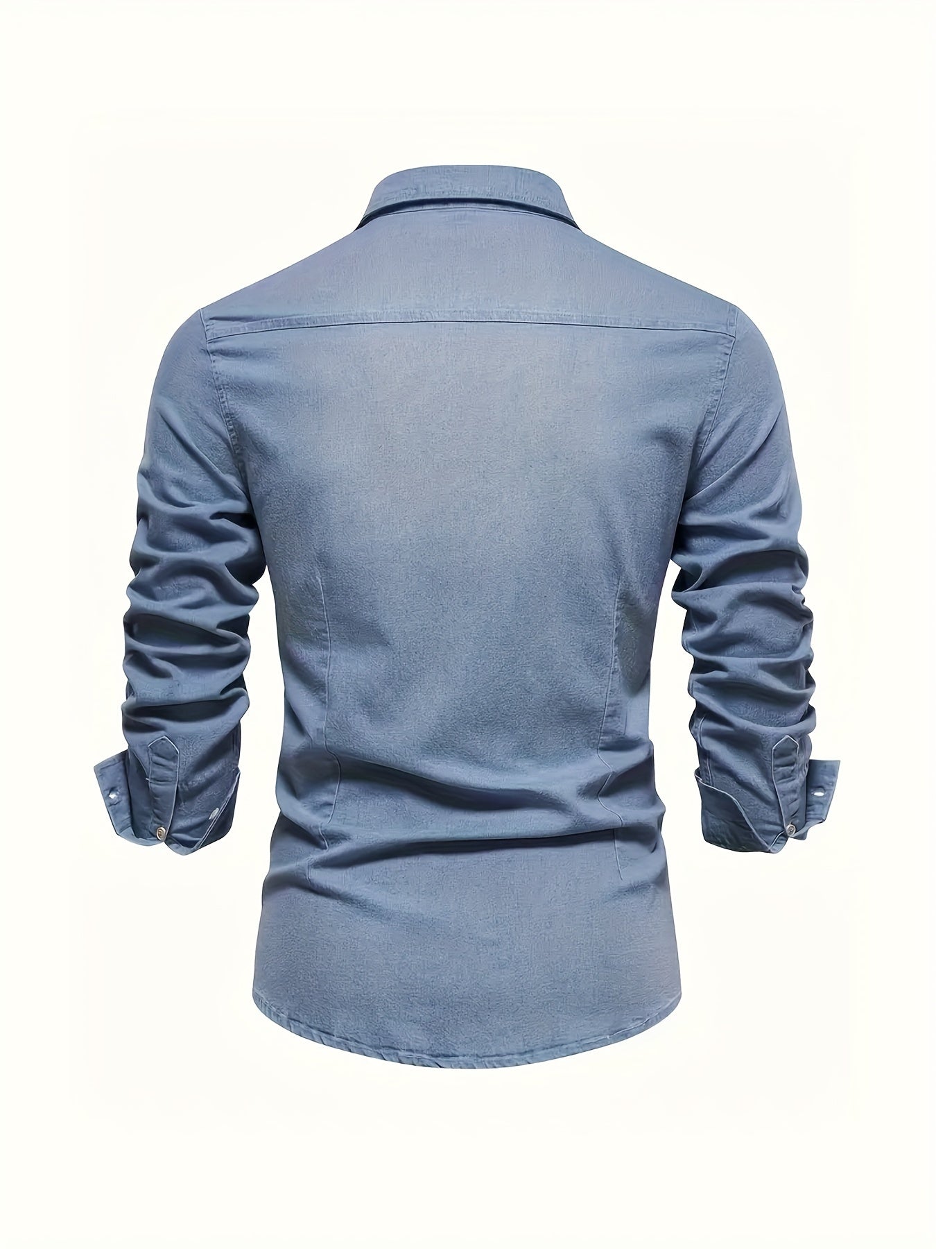 Men's light blue long sleeve denim shirt with a lapel collar