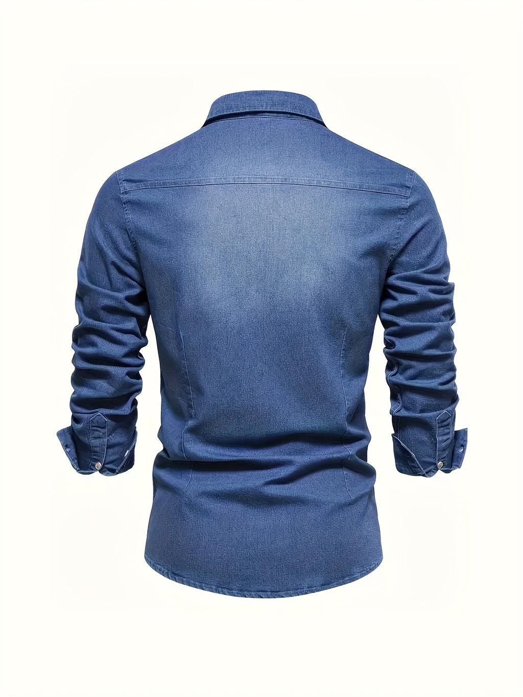 Men's blue long sleeve denim shirt with a lapel collar