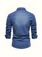 Men's blue long sleeve denim shirt with a lapel collar