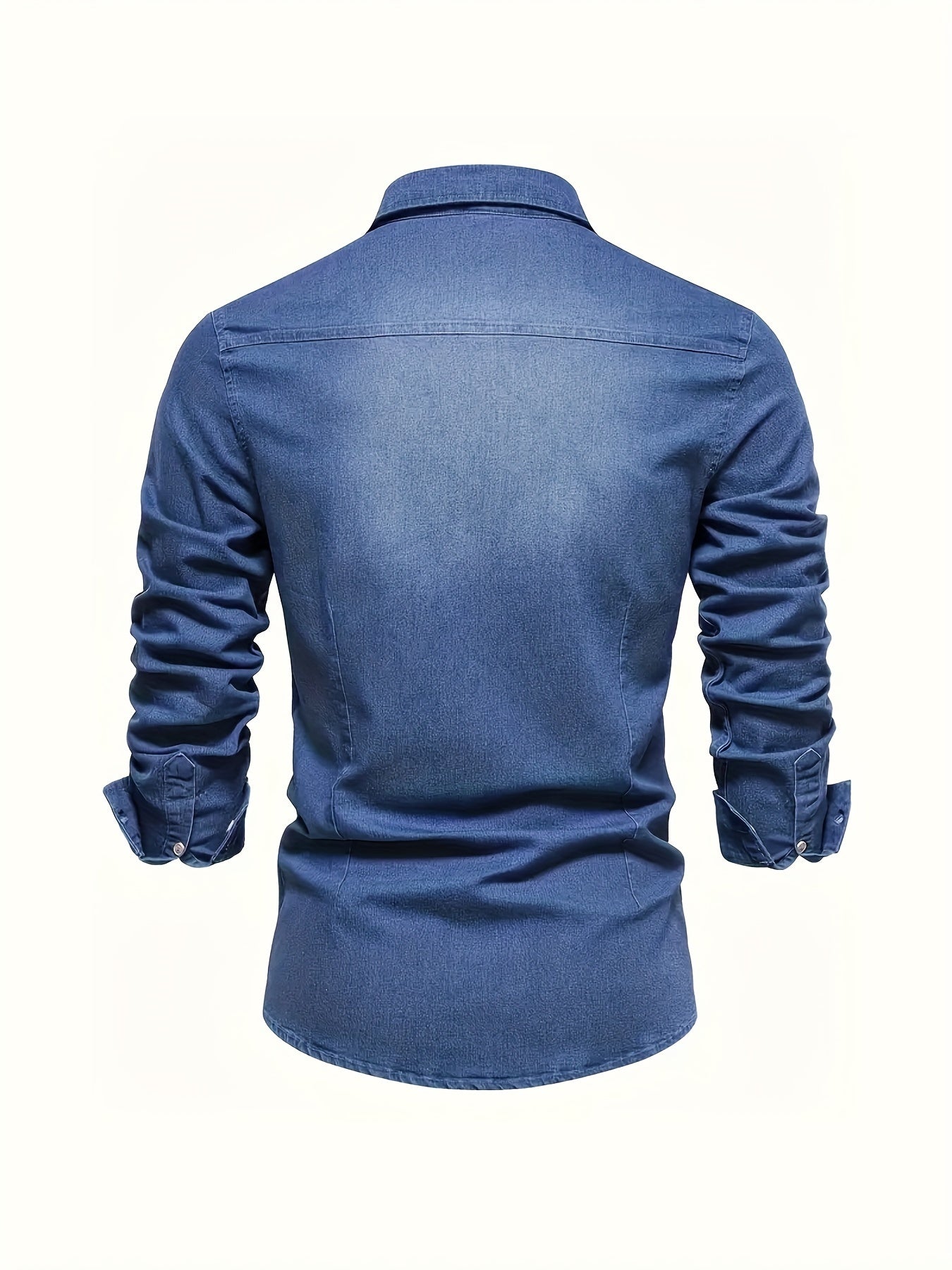 Men's blue long sleeve denim shirt with a lapel collar