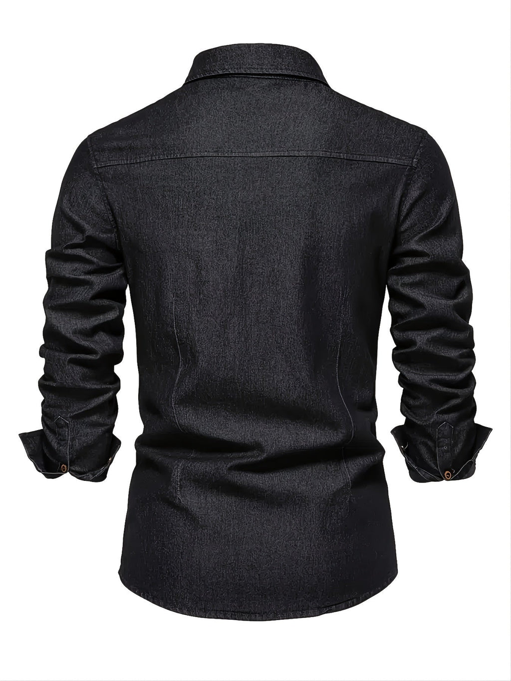 Men's blue long sleeve denim shirt with a lapel collar