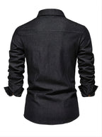 Men's blue long sleeve denim shirt with a lapel collar