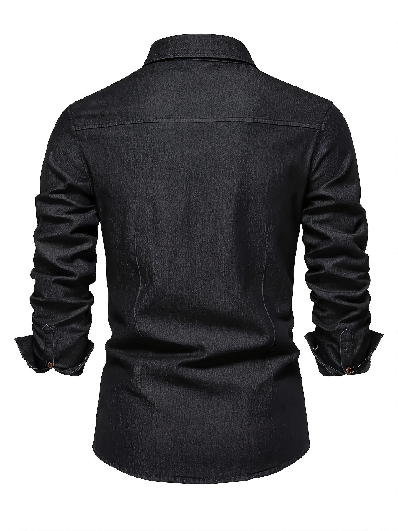 Men's blue long sleeve denim shirt with a lapel collar