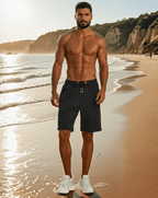 Men's white training shorts with a drawstring waist and zip pockets