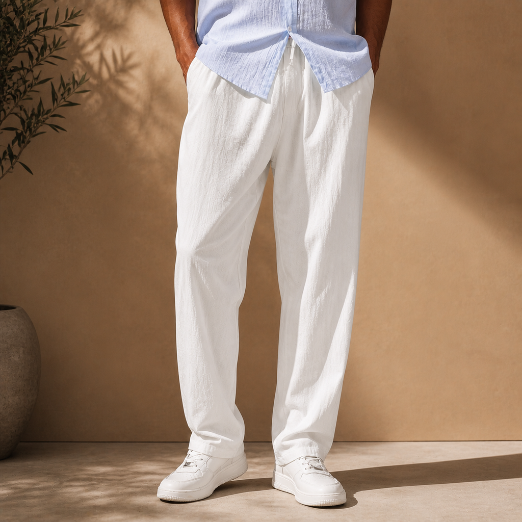 Men's white elastic waist straight leg trousers