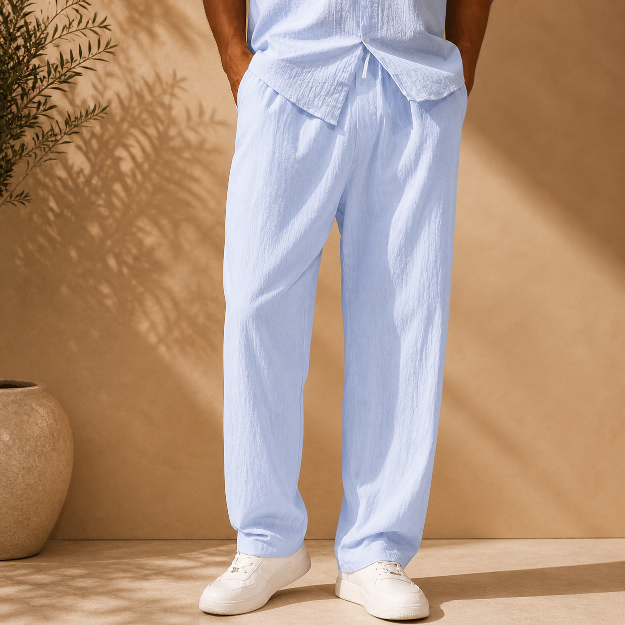 Men's white elastic waist straight leg trousers