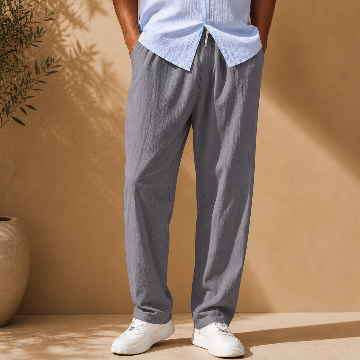 Men's white elastic waist straight leg trousers
