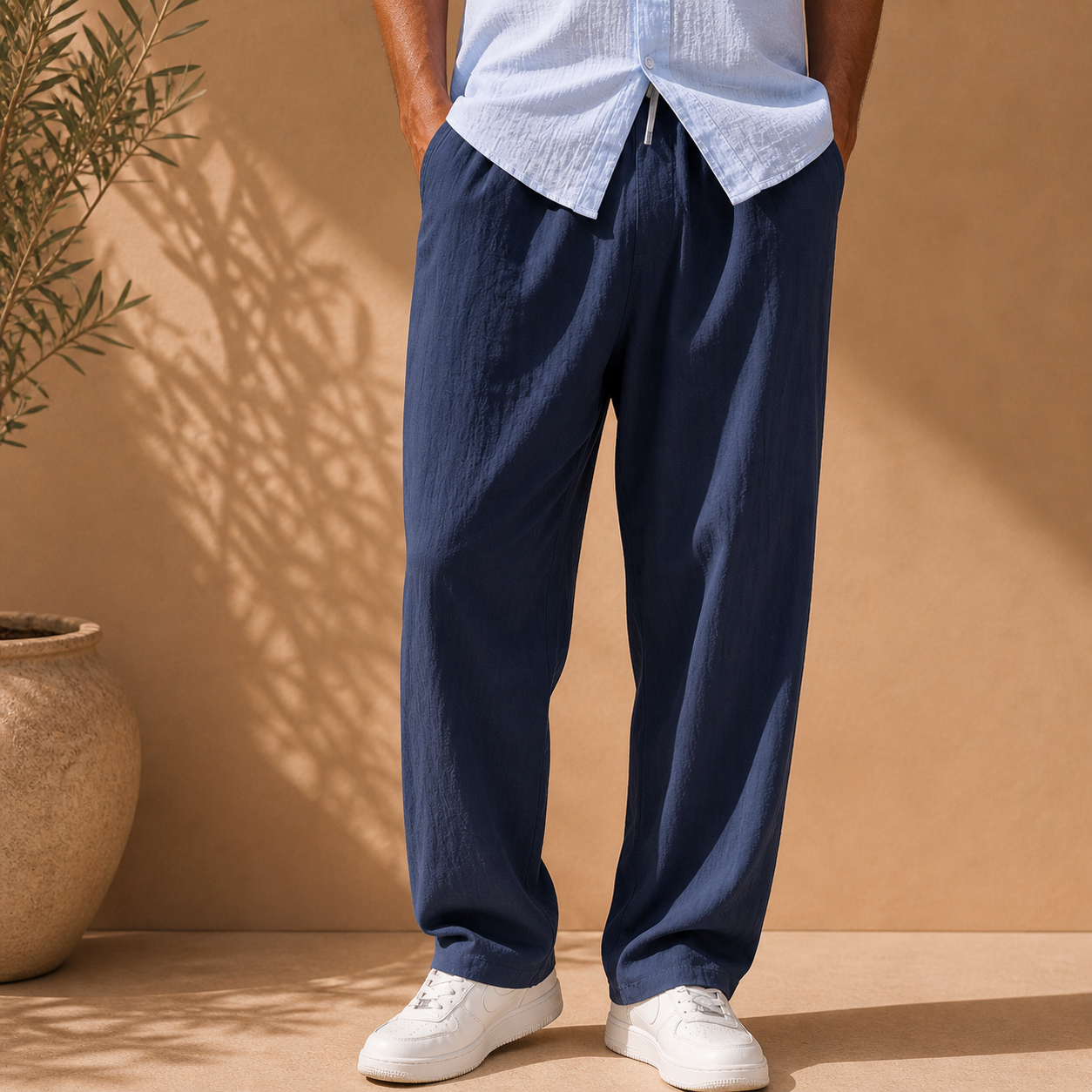 Men's white elastic waist straight leg trousers
