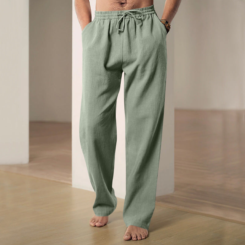 Men's white elastic waist straight leg trousers