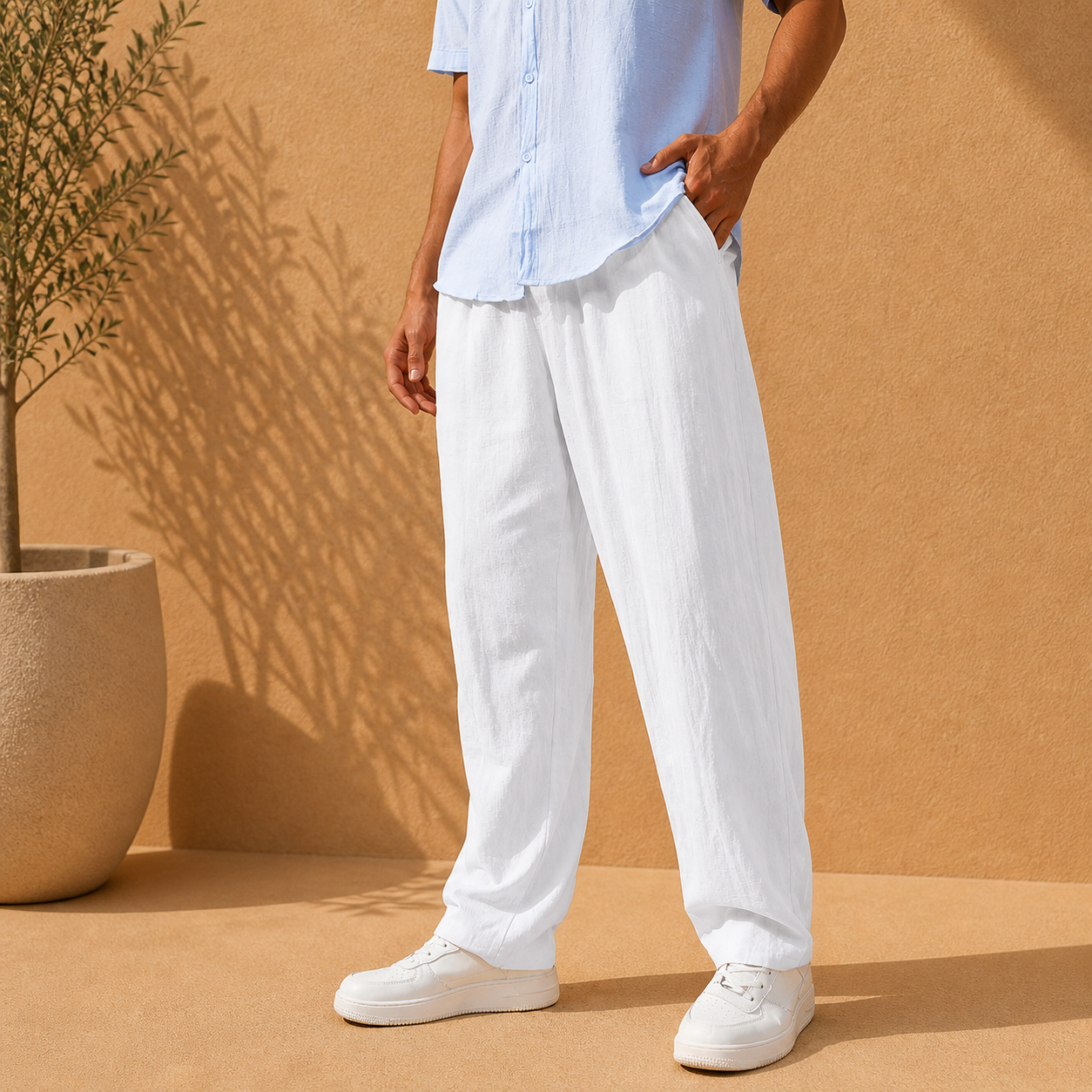 Men's light blue elastic waist straight leg trousers