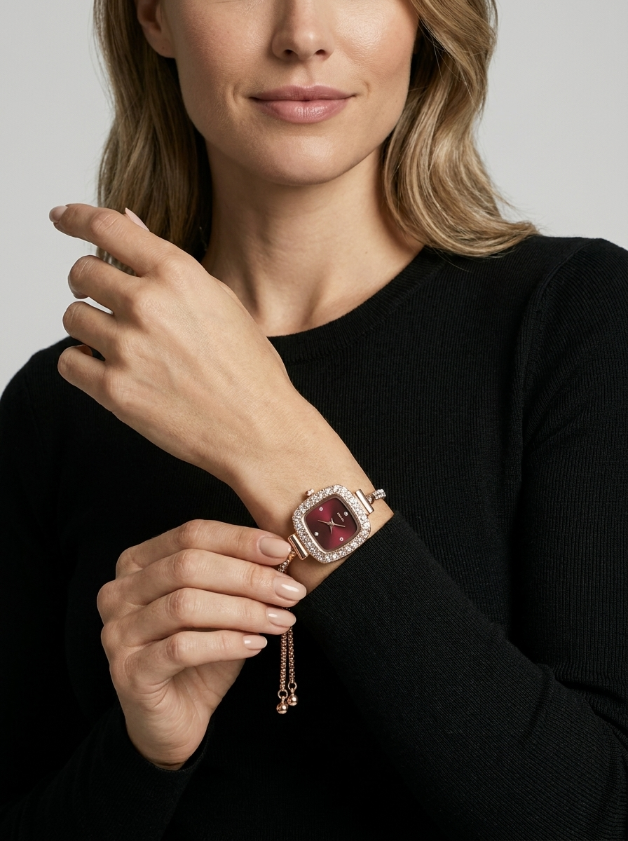 Women's crystal watch with a square dial and chain strap