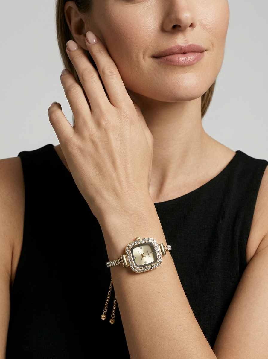Women's crystal watch with a square dial and chain strap