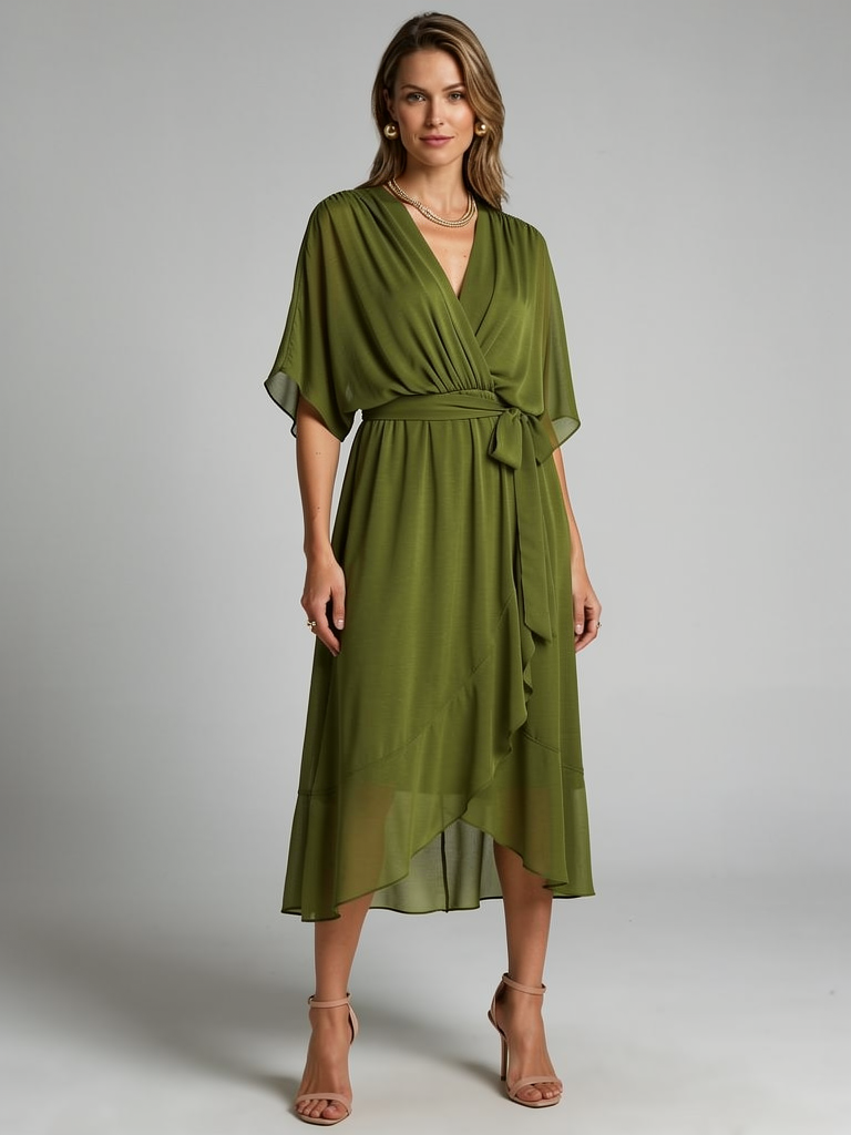 Women's wrap midi dress with an asymmetric hem