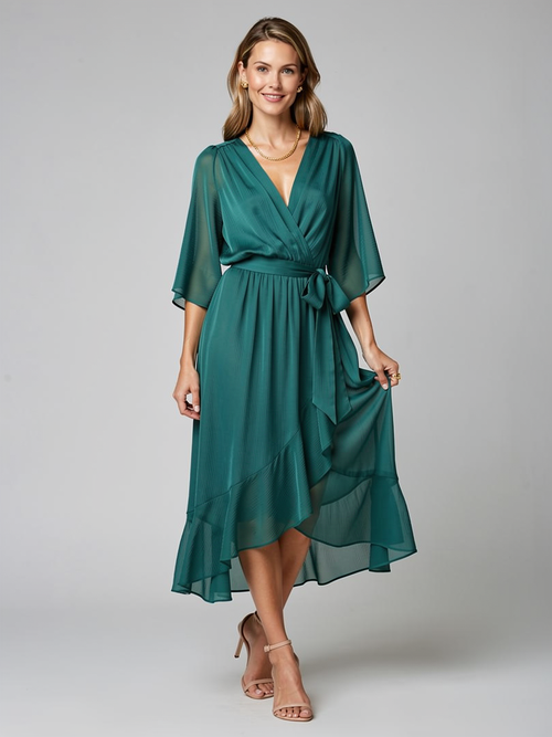 Women's wrap midi dress with an asymmetric hem