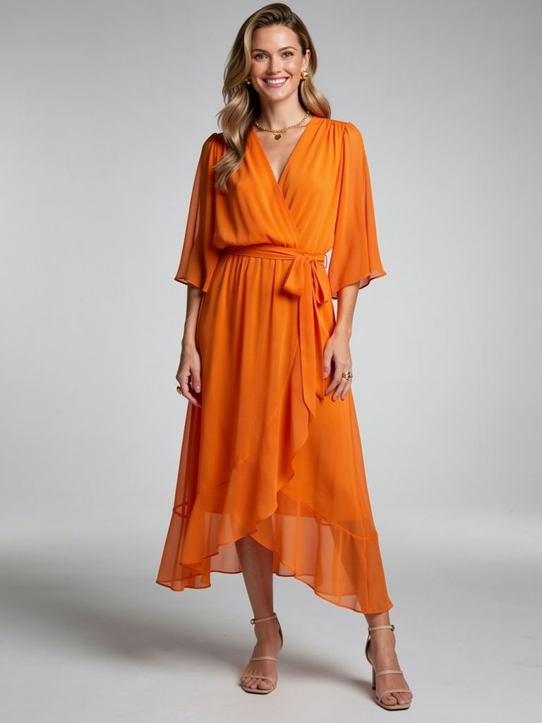 Women's wrap midi dress with an asymmetric hem