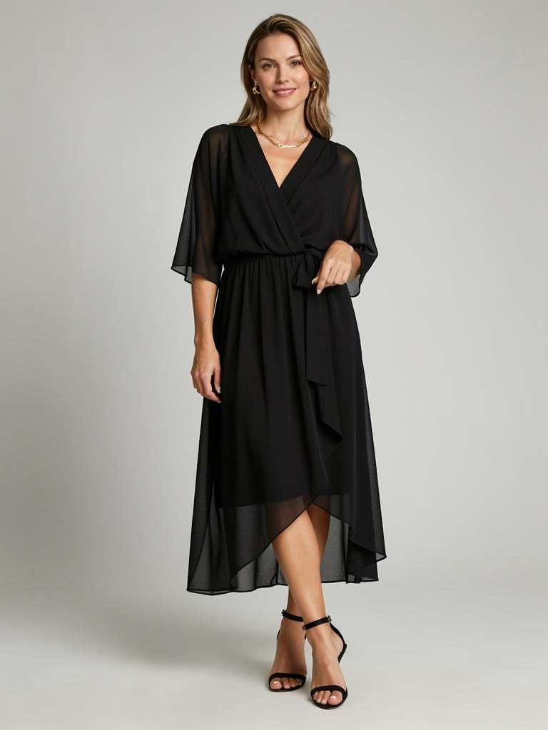 Women's wrap midi dress with an asymmetric hem