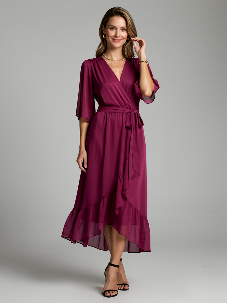 Women's wrap midi dress with an asymmetric hem