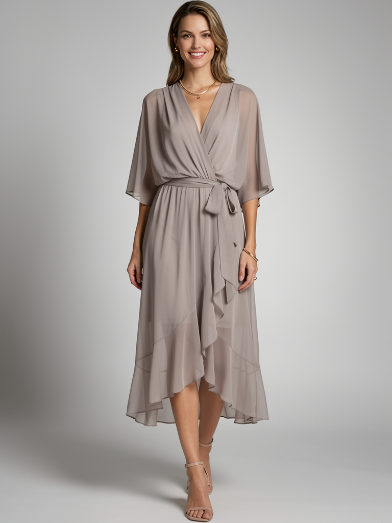 Women's wrap midi dress with an asymmetric hem