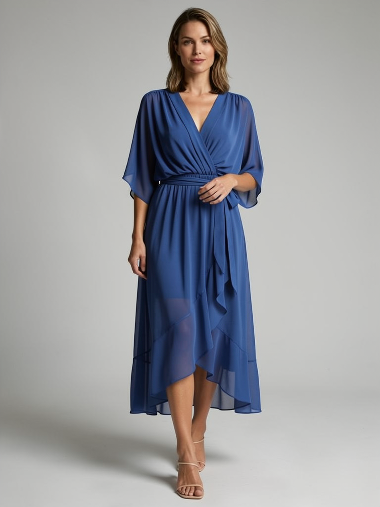 Women's wrap midi dress with an asymmetric hem