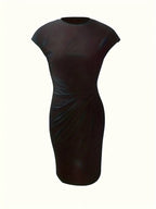 Women's black short sleeve bodycon midi dress with a crew neckline