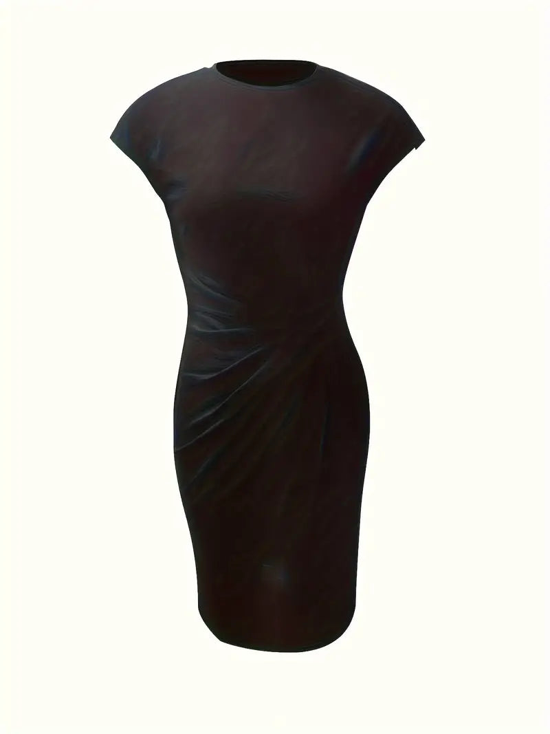 Women's black short sleeve bodycon midi dress with a crew neckline