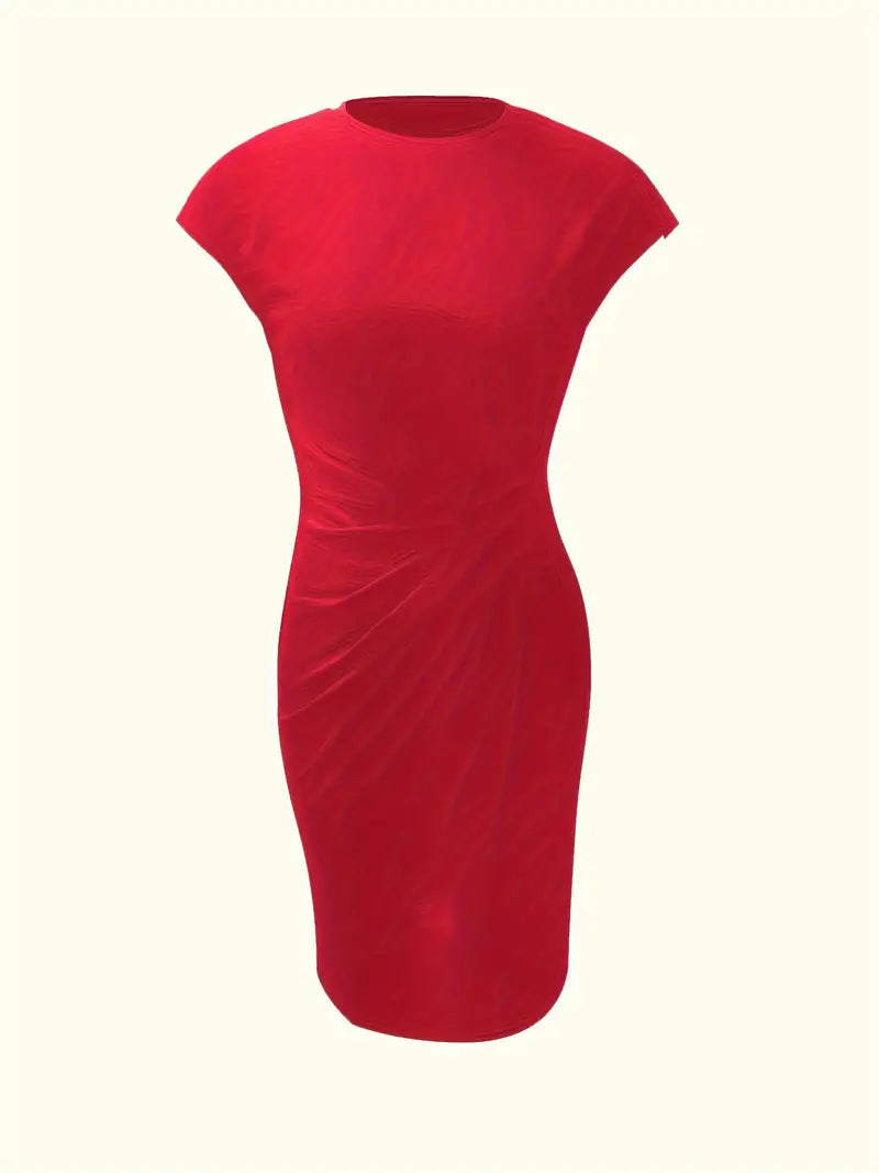 Women's black short sleeve bodycon midi dress with a crew neckline