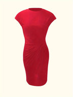 Women's black short sleeve bodycon midi dress with a crew neckline