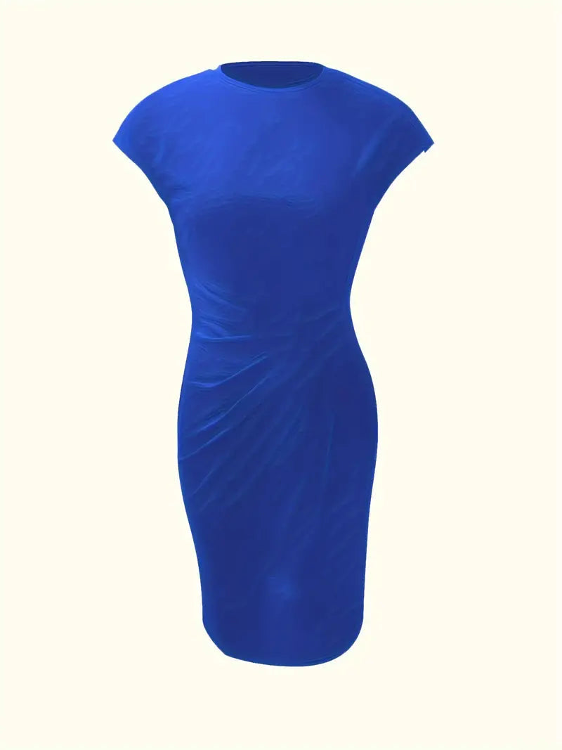 Women's red short sleeve bodycon midi dress with a crew neckline