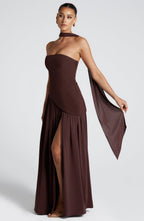 Women's brown strapless maxi dress with a high front split