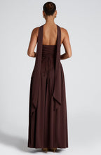 Women's brown strapless maxi dress with a high front split