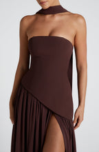 Women's black strapless maxi dress with a high front split