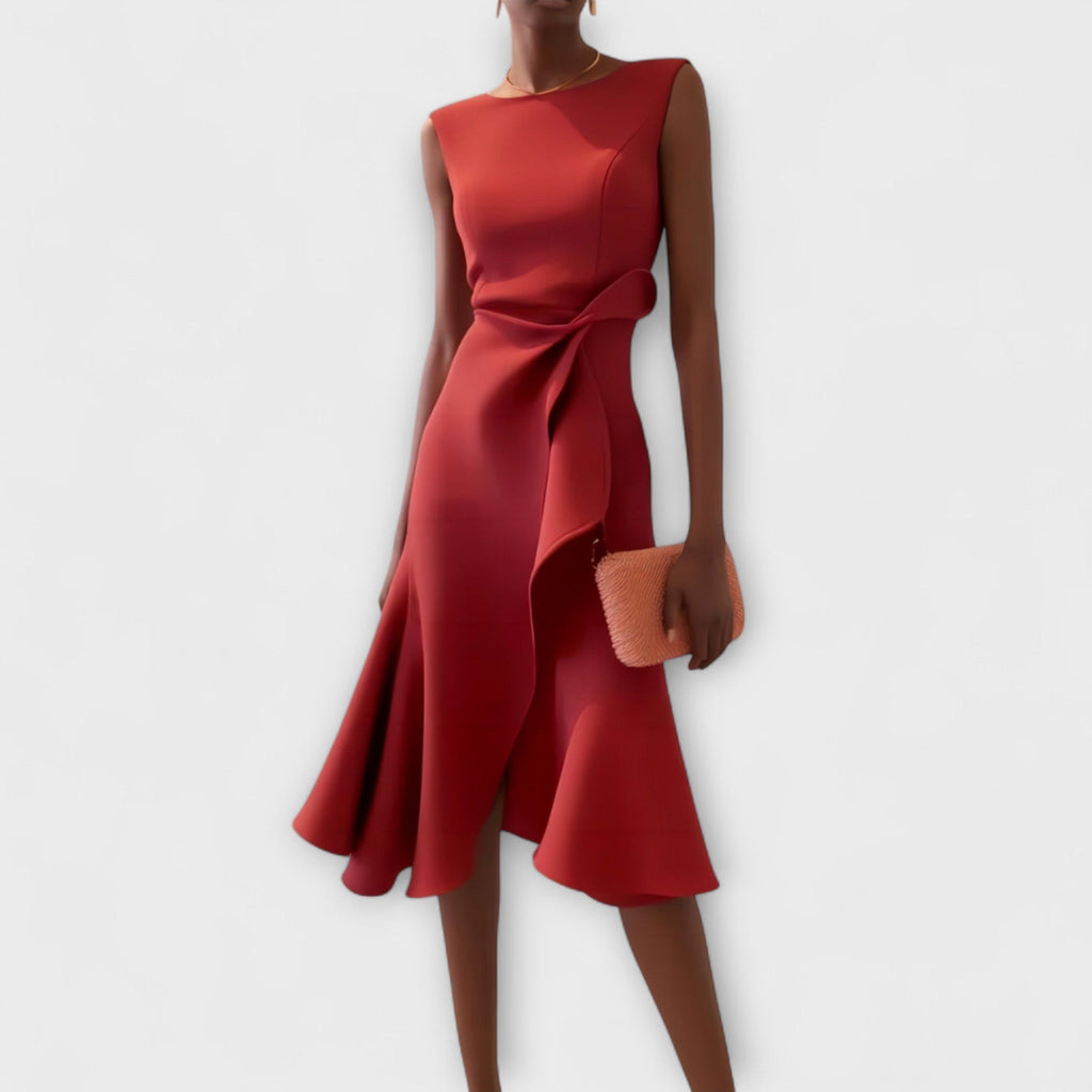 Elegant Midi Dress With Asymmetrical Drape 0