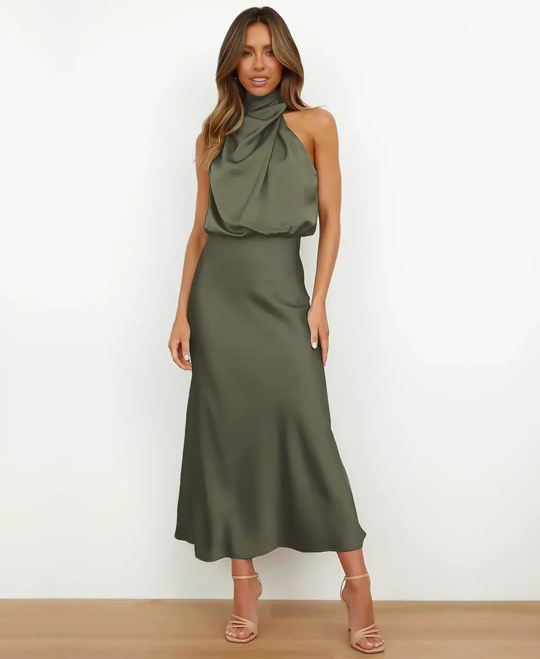 Elegant Midi Dress With High Neck Design 10