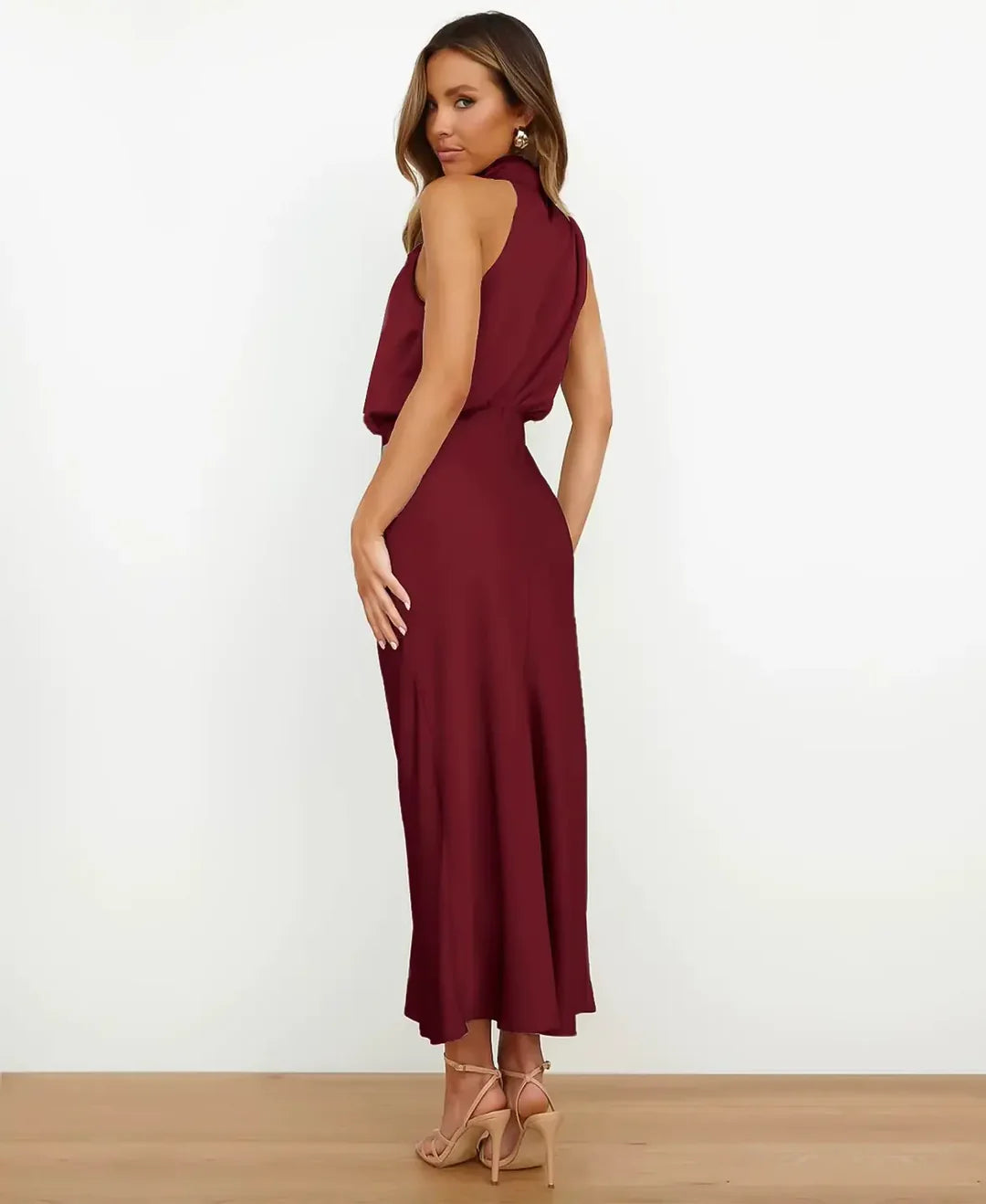 Elegant Midi Dress With High Neck Design 15