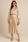 Women's beige high neck flared midi dress with long sleeves