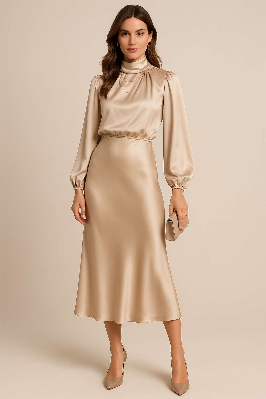 Women's beige high neck flared midi dress with long sleeves