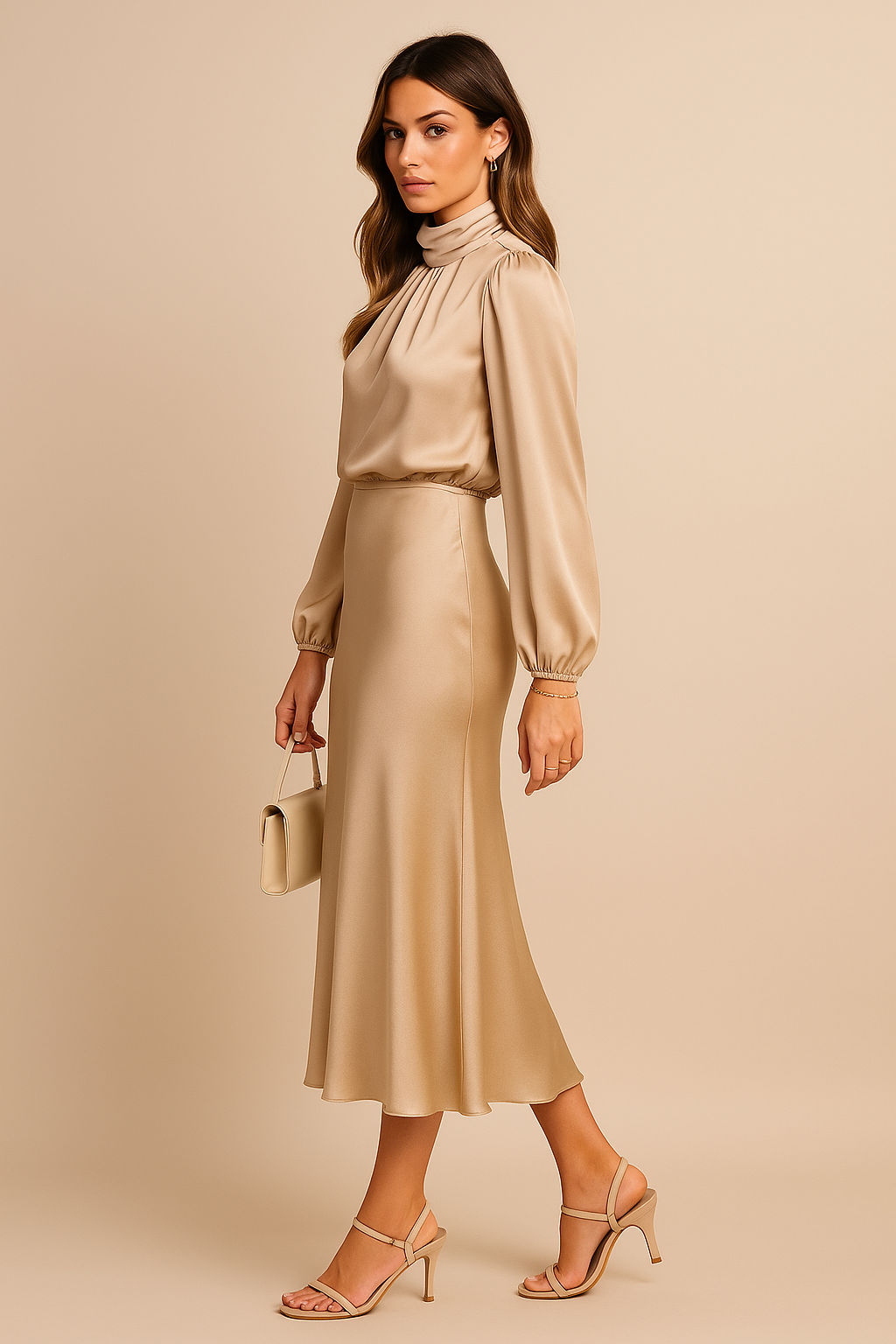 Women's beige high neck flared midi dress with long sleeves