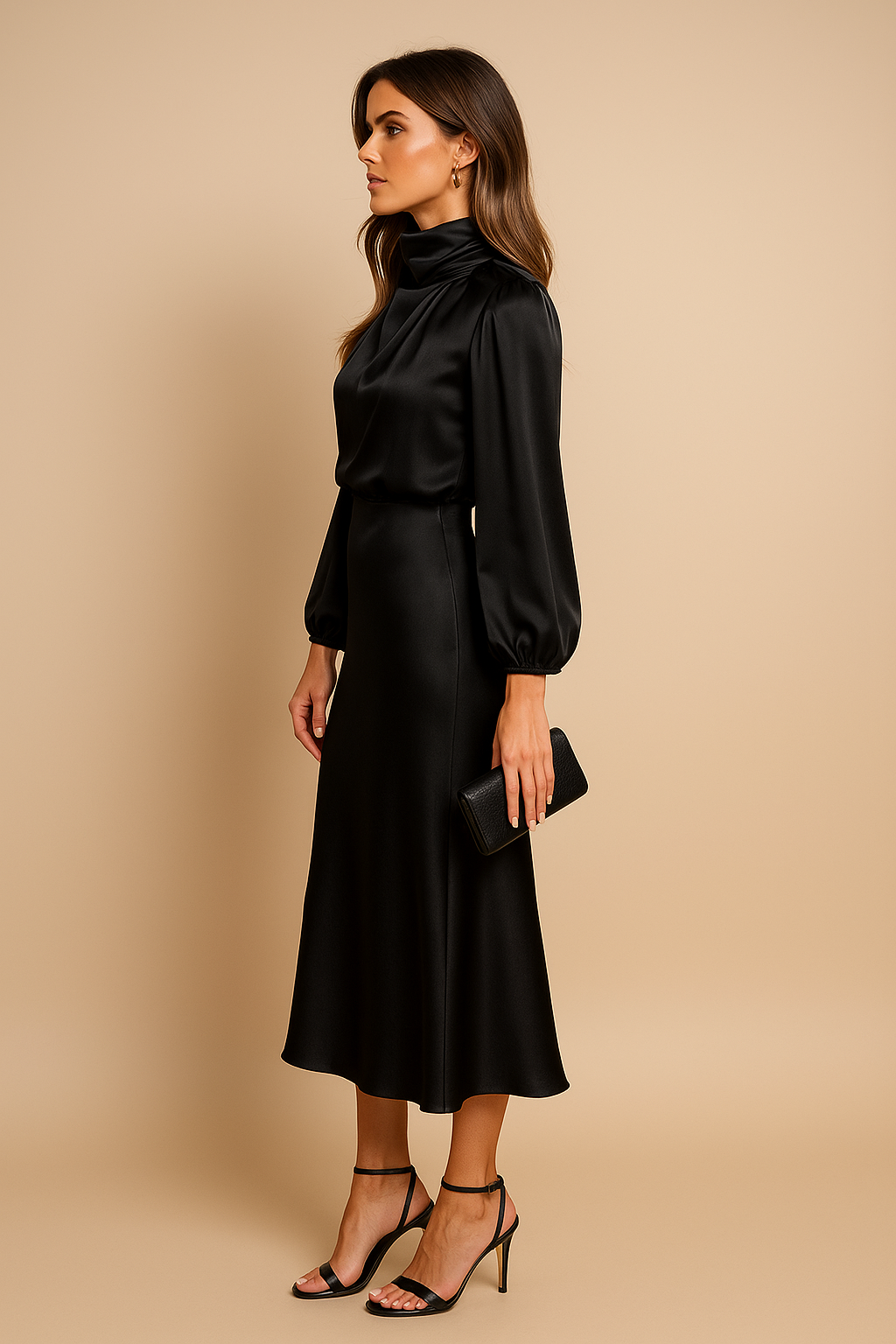Women's beige high neck flared midi dress with long sleeves