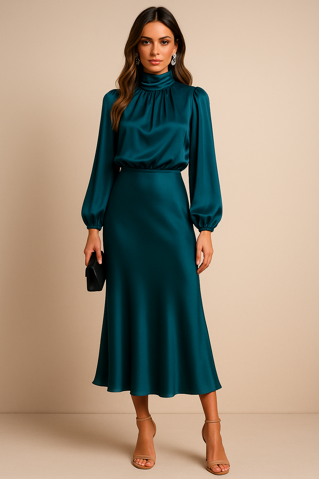 Women's black high neck flared midi dress with long sleeves