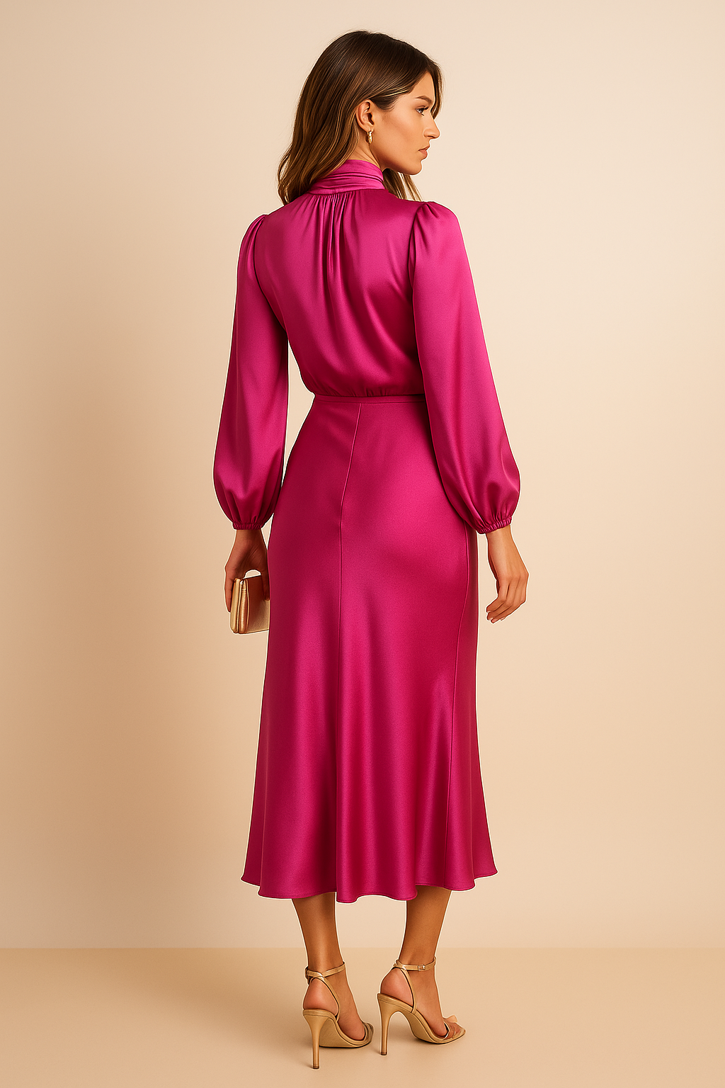 Women's black high neck flared midi dress with long sleeves