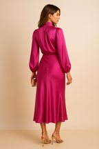 Women's black high neck flared midi dress with long sleeves