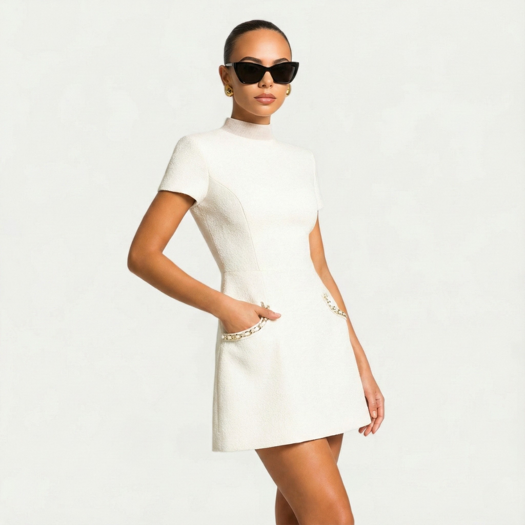 Elegant Women's Mini Dress with Pearl Trim 4