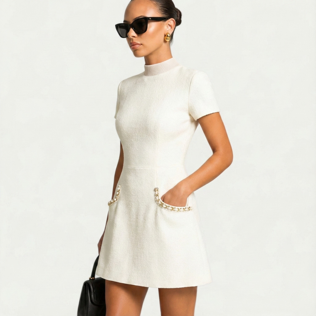 Elegant Women's Mini Dress with Pearl Trim 5