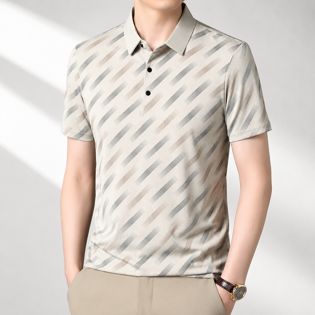 Men's beige geometric print polo shirt