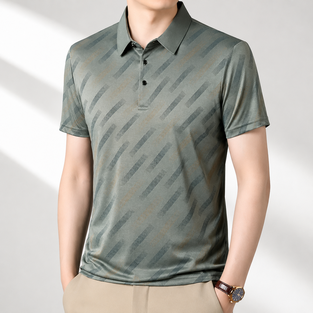 Men's beige geometric print polo shirt